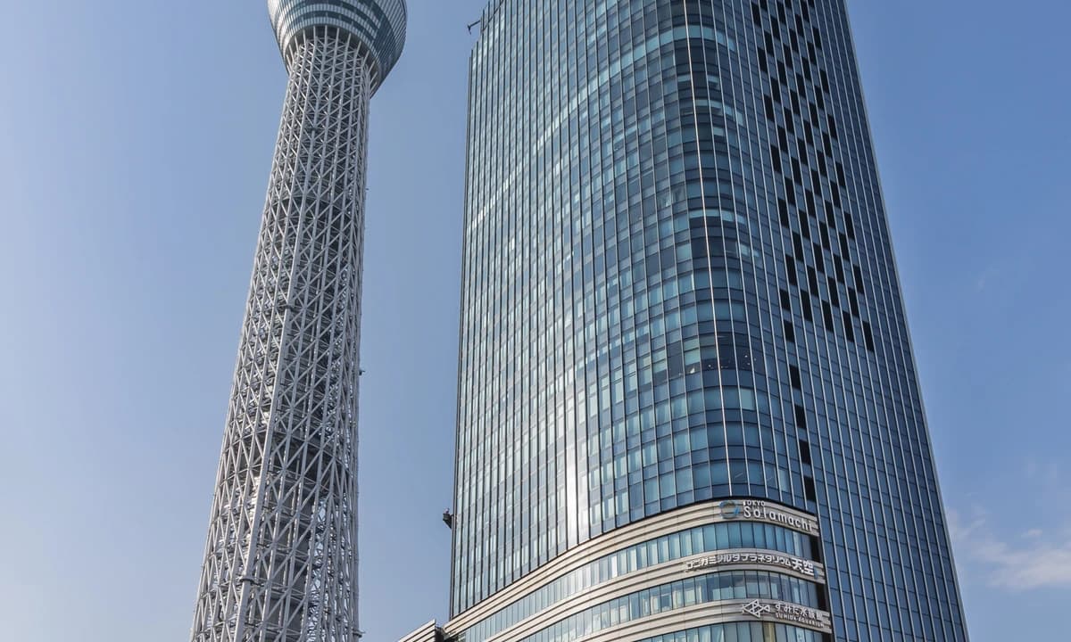 Tokyo Skytree and East Tower exterior — the Solamachi complex hosting the Tree Village Tokyo venue for the Ouran 20th Anniversary cafe run through May 1, 2026